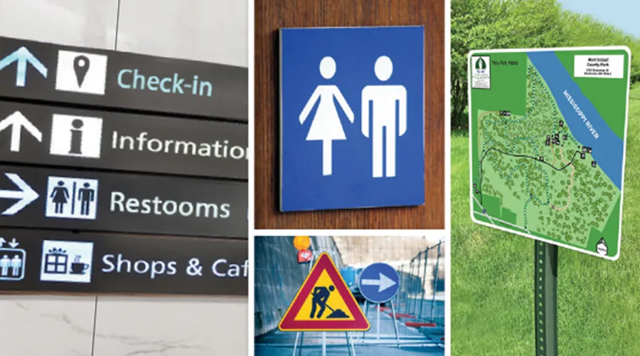 Various wayfinding signs and maps.