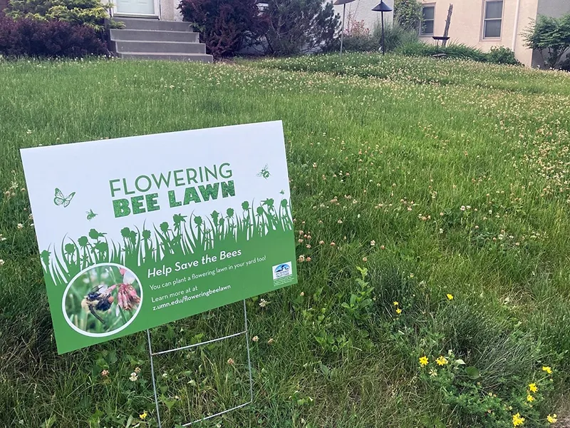 A coroplast sign that advertises saving the bees by planting a flowering lawn installed on grass.